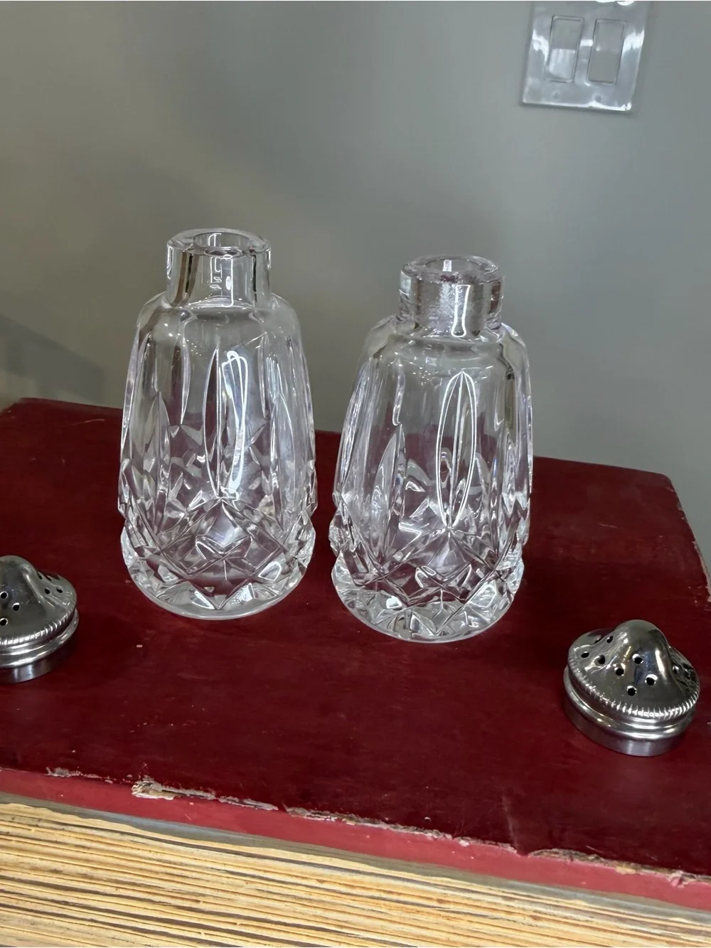 Waterford Lismore Clear Crystal Salt and Pepper Shakers with Silver Tops